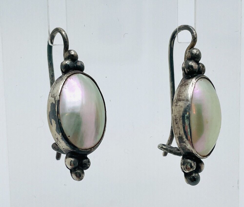 Signed NILSSON Artisan Sterling Silver Mother of Pearl Earrings Florida Made